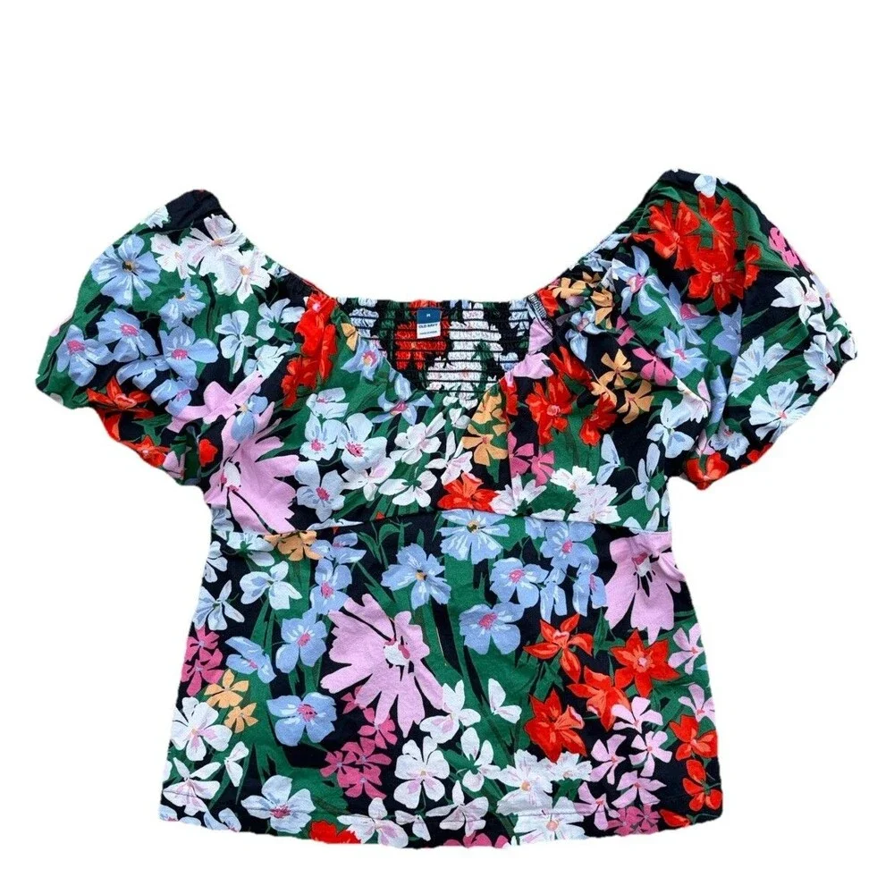 Old Navy Waist Defined V Neck Top Womens M Multi Ditsy Floral Smocked Back